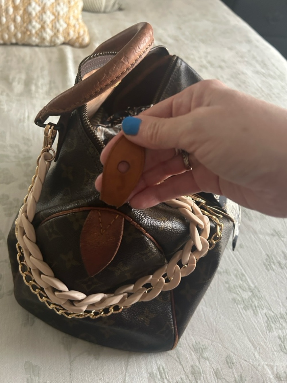 Louis Vuitton Brown Monogram Satchel with Black & Cream Scarf and Gold Chain - Picture 2 of 4